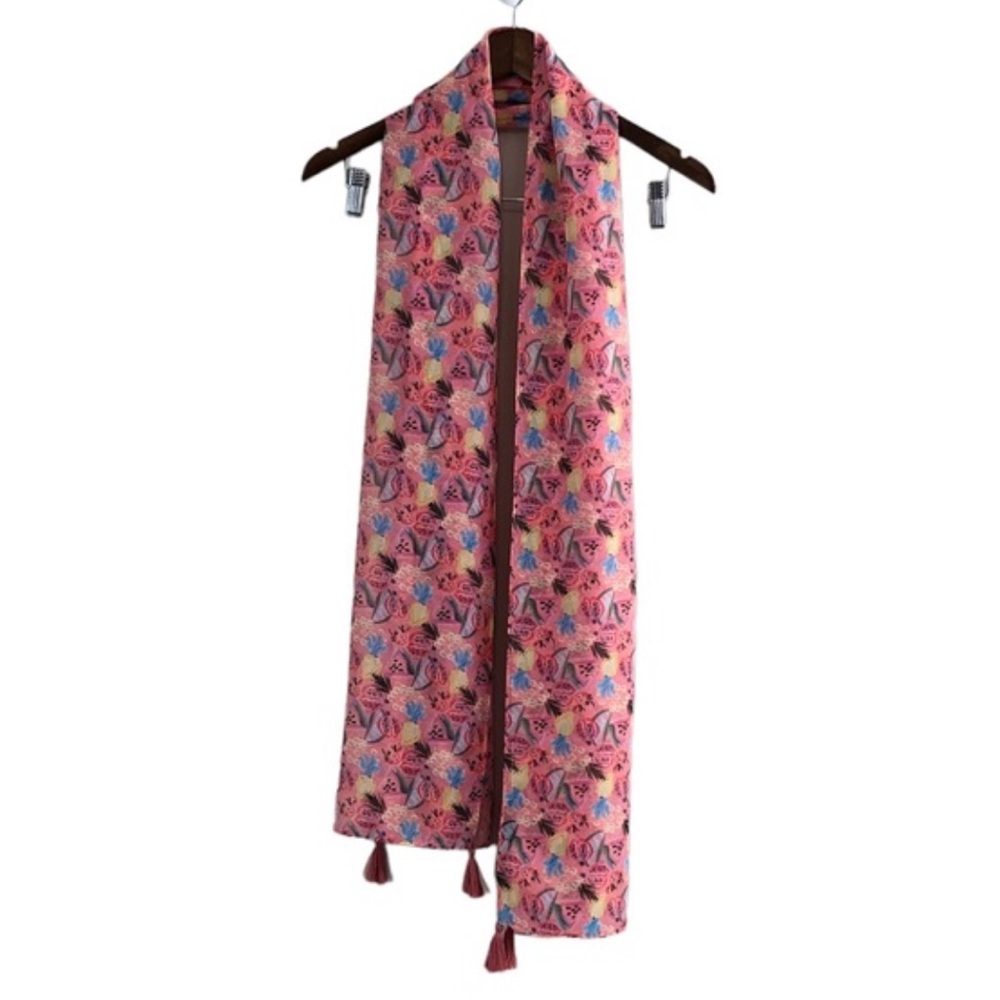 Steve Madden Soft Fruit Print Tassel Lightweight Long Wrap Neck Scarf Pink